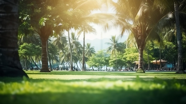 Sfocatura parco verde bokeh natura dalla spiaggia e albero di cocco tropicale