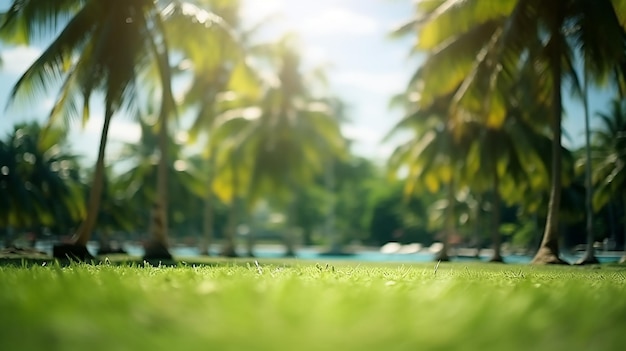 Sfocatura parco verde bokeh natura dalla spiaggia e albero di cocco tropicale