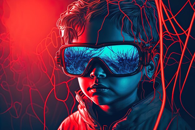 Sfocatura ritratto cyberpunk ragazzo bambino in occhiali vr nei toni del blu e del rosso con fili su sfondo rosso