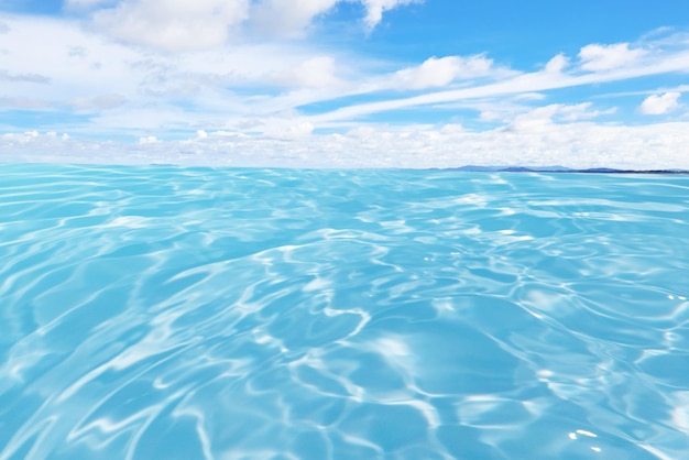 Sfocatura sfocata mare blu trasparente e struttura superficiale dell'acqua del cielo con spruzzi e bolle