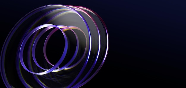 Sfondi 3D neri astratti con cerchi trasparenti di vetro e luce colorata iridescente al neon gradiente olografico anelli di rendering di cristallo banner tecnico di progettazione grafica digitale
