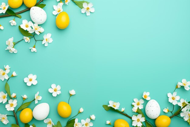 Sfondi a cornice di Pasqua con spazio di copia per il testo decorati con uova colorate e fiori primaverili d