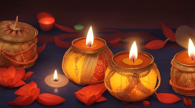 Sfondi colorati adornati da candele, lampade e diyas per striscioni di Diwali e biglietti di auguri