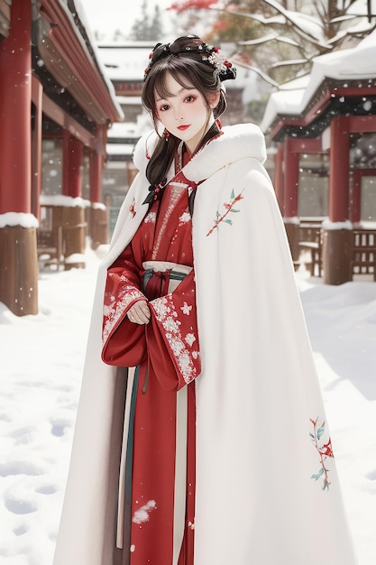 Sfondi di bellezza cinese classica che indossa una giacca Hanfu cheongsam nell'inverno freddo e nevicando