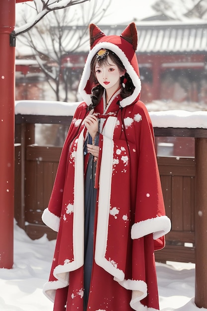 Sfondi di bellezza cinese classica che indossa una giacca Hanfu cheongsam nell'inverno freddo e nevicando
