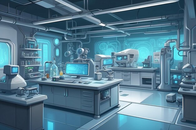 Sfondi di cartoni animati futuristici per un laboratorio ad alta tecnologia