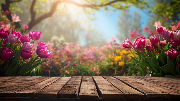 Sfondi di giardini primaverili in fiore per la Festa della Madre con tavolo