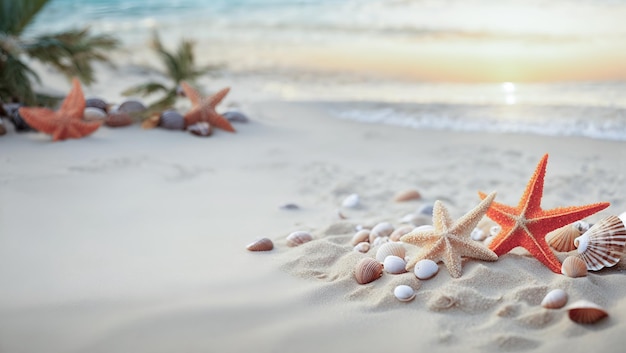 Sfondi di spiaggia di sabbia marina con conchiglie di stella di mare Suncare modello per crema di protezione spf Sfondi di vacanze estive tropicali Sfondi di beach Sfondi di ferie di viaggio