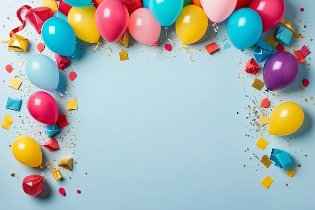 Sfondi di vacanza con palloncini colorati regalo confetti a piatto in stile compleanno o festa spazio di testo