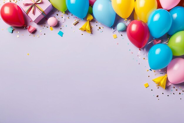 Sfondi di vacanza con palloncini colorati regalo confetti a piatto in stile compleanno o festa spazio di testo