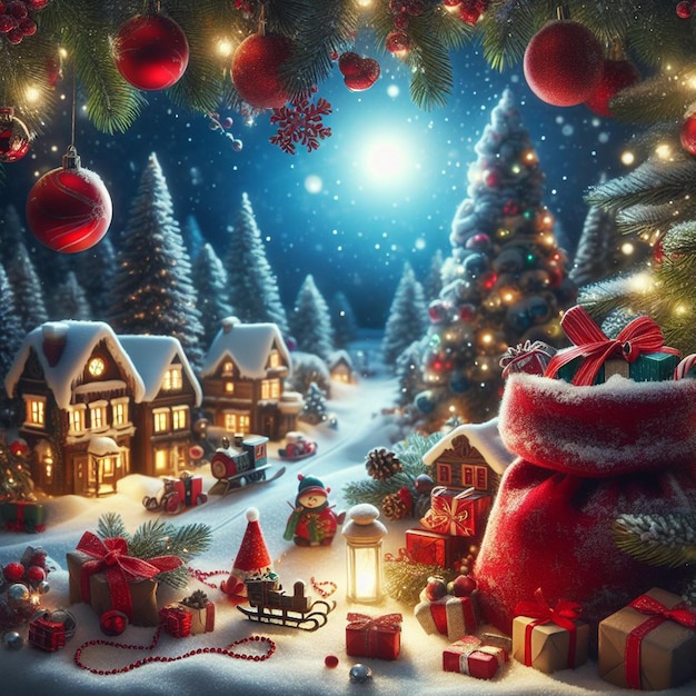 Sfondi gratuiti per le vacanze di Natale con un sacco rosso pieno di regali e un villaggio invernale