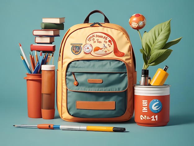 Sfondi illustrativi educativi di ritorno a scuola con borsa e rifornimenti scolastici