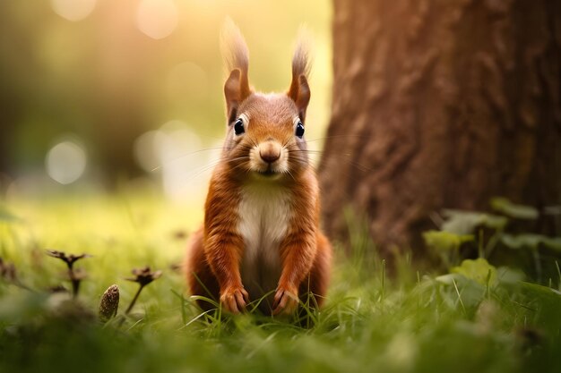 Sfondi sfocati scoiattolo marrone seduto sull'erba verde