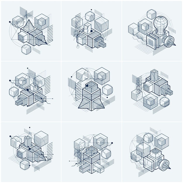 Sfondi vettoriali con linee e figure isometriche astratte. Modelli realizzati con cubi, esagoni, quadrati, rettangoli e diversi elementi astratti. Insieme di vettore.