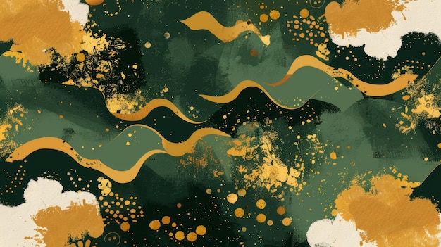 Sfondio a disegno giapponese senza cuciture, pennellate moderne in verde e oro