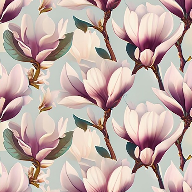 Sfondio a disegno senza cuciture con un delicato disegno di fiori di magnolia in fiore in tonalità pastello morbide su uno sfondo sereno