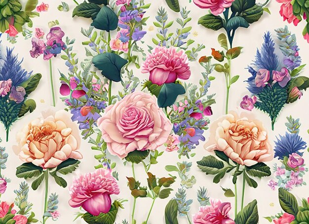 Sfondio a disegno senza cuciture ispirato a un giardino di cottage con un affascinante mix di rose, guanti di volpe e delfini in una disposizione naturale e selvaggia