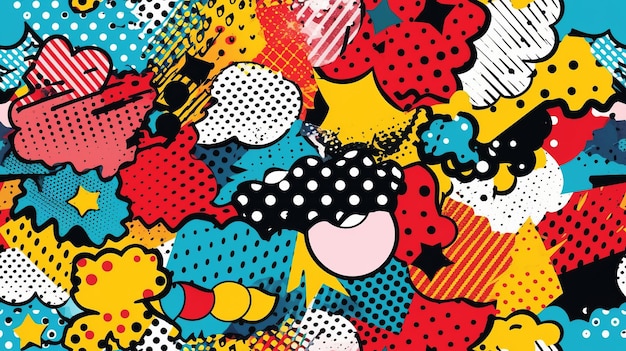 Sfondio a disegno senza cuciture ispirato al mondo giocoso e capriccioso della pop art, compresi i colori primari rosso, blu e giallo