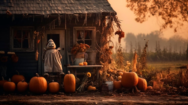 Sfondio accogliente e nostalgico di Halloween con decorazioni autunnali spaventapasseri e zucche