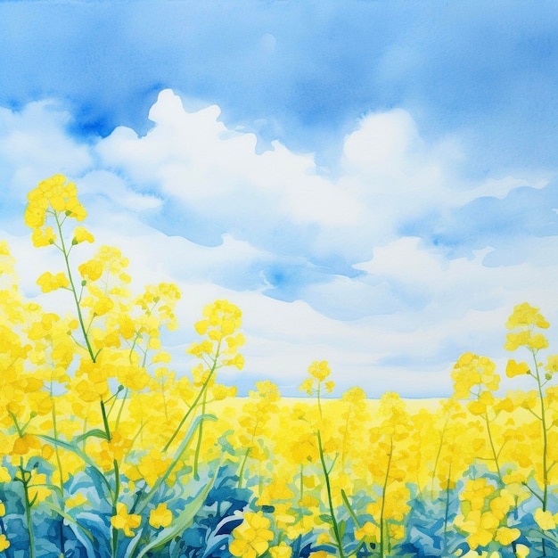 Sfondio ad acquerello con fiori di canola gialli e cielo blu