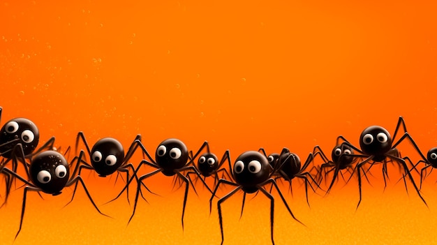 Sfondio arancione con ragni neri con spazio di copia ai generativo