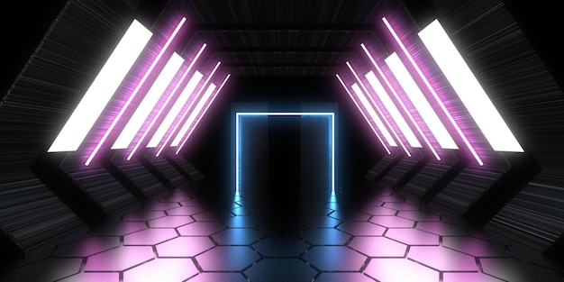 Sfondio astratto 3D con luci al neon Costruzione dello spazio del tunnel al neon Illustrazione 3D