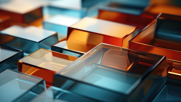 Sfondio astratto 3D di cubi di vetro azzurro e arancione riflettenti con spazio di copia