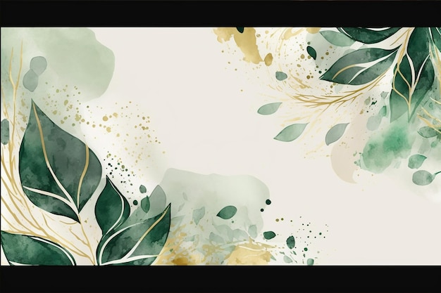 Sfondio astratto acquerello verde botanico e oro luccicante fotogramma vuoto spazio di copia