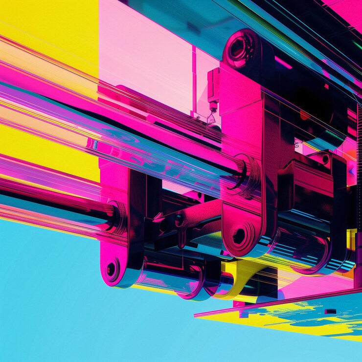 Sfondio astratto cmyk colori parte della stampante inchiostro fluido cartuccia della stampante braccio di stampa grafica moderna