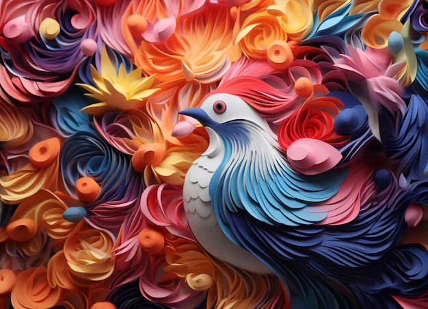 Sfondio astratto colorato modello psicodelico di fiori e uccelli tessuto arte digitale IA generativa