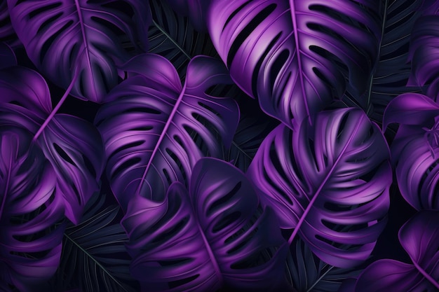 Sfondio astratto con foglie di monstera color neon Piante esotiche tropicali con illuminazione ultravioletta