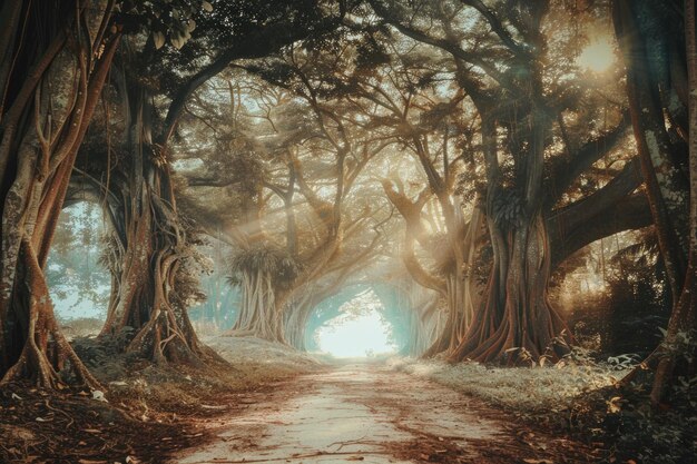 Sfondio astratto del percorso e del viaggio in mezzo al grande albero e alla bella natura