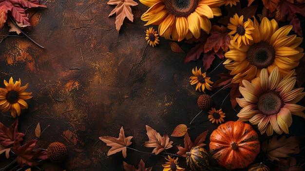 Sfondio autunnale con bellissimi girasoli e zucche