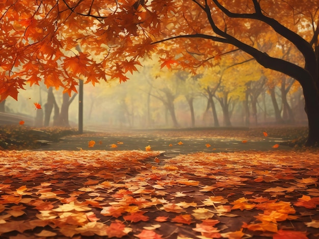 Sfondio autunnale con foglie cadute e ombrello ai generato