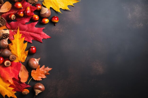 Sfondio autunnale con noci, ghiande e foglie rosse d'autunno