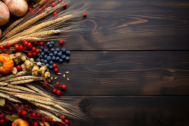 Sfondio autunnale con orecchie di grano e frutta su un tavolo di legno scuro