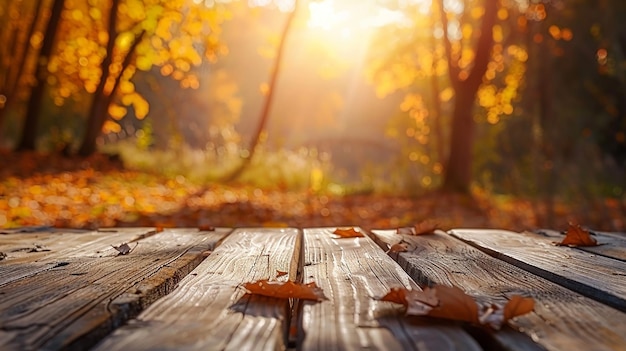 Sfondio autunnale con un tavolo di legno nel cortile sul retro