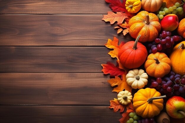 Sfondio autunnale con uva di zucca e foglie su un tavolo di legno