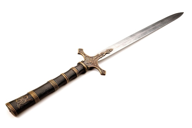 Sfondio bianco isolato Excalibur la spada del re Artù nella pietra Arma tagliente della leggenda