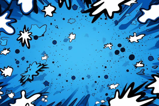 Sfondio blu astratto a fumetti con raggi radiali ed effetti umoristici a mezza tonalità