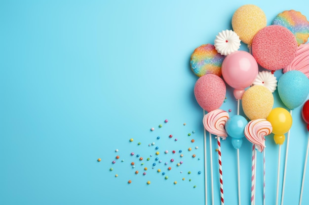 Sfondio blu con tappi da festa, cannucce di carta, caramelle e palloncini.