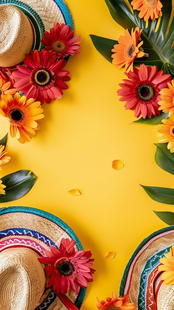 Sfondio Cinco de Mayo con sombrero e fiori su spazio di vista superiore piatto giallo per il testo