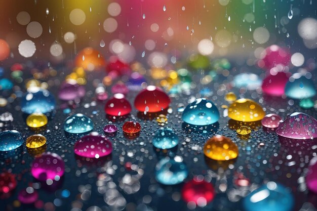 Sfondio colorato astratto con una varietà di gocce di pioggia trasparenti