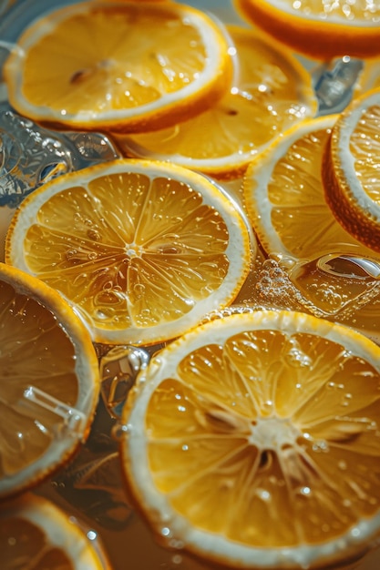 Sfondio con fette di limone mature in limonata Bevanda estiva rinfrescante