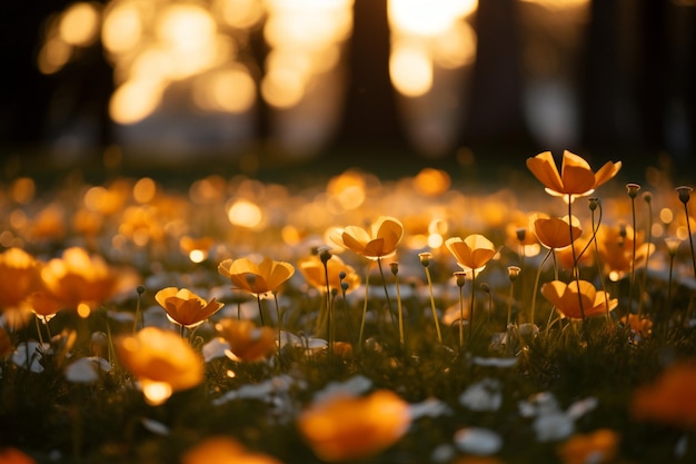 Sfondio con ombra di campo di fiori durante l'ora d'oro