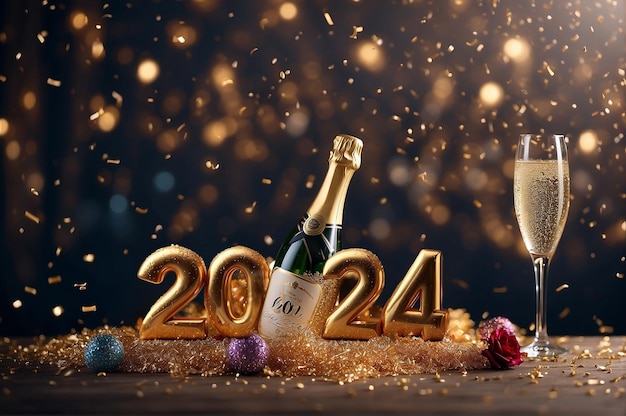 Sfondio d'oro del Capodanno con champagne e confetti