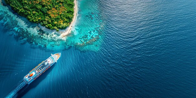 Sfondio dei viaggi e delle vacanze vista aerea di una grande nave da crociera vicino all'isola tropicale