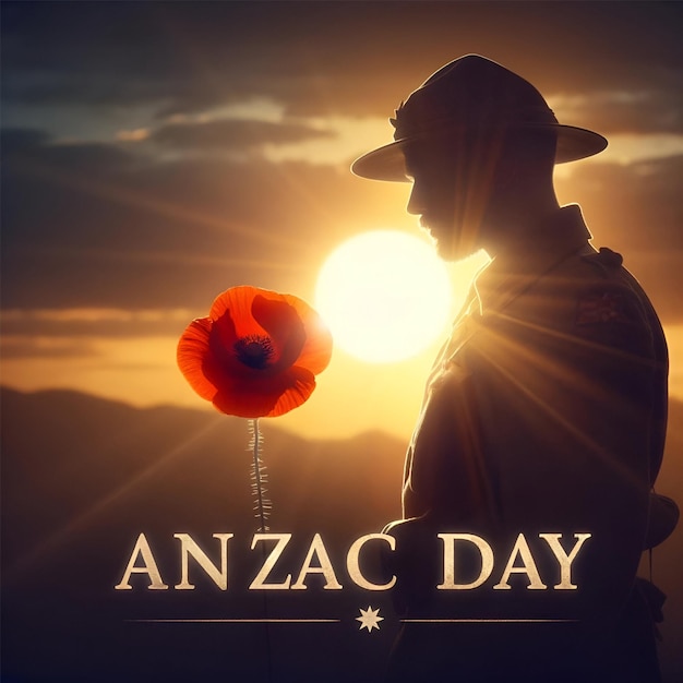 Sfondio del giorno Anzac con una silhouette di un soldato e un fiore di papavero rosso