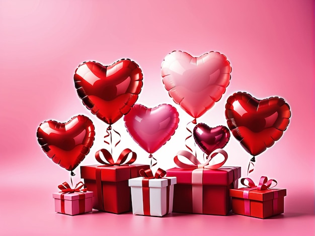 Sfondio del giorno di San Valentino con cuori rossi e rosa come palloncini e regali su sfondo rosa