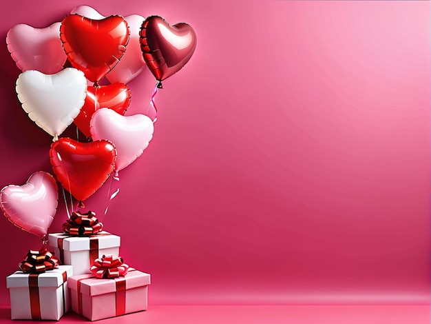 Sfondio del giorno di San Valentino con cuori rossi e rosa come palloncini e regali su sfondo rosa